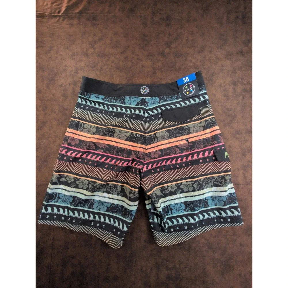 Maui and Sons Mens‎ Board Shorts Size 36 Black Neon Striped Floral Shark Fin NWT